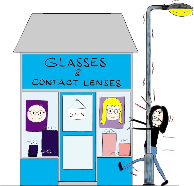 cartoon woman walking into lamp post outside opticians shop
