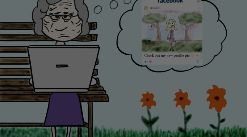 elderly woman on laptop park bench
