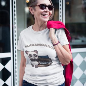 Middle-aged woman wearing Pandamonium White T-shirt