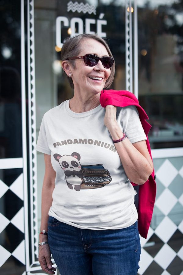Middle-aged woman wearing Pandamonium White T-shirt