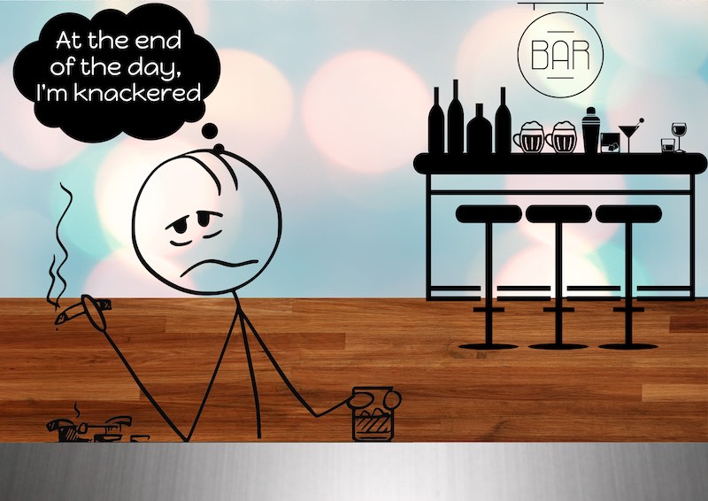 drinking and smoking stickman sitting in a bar